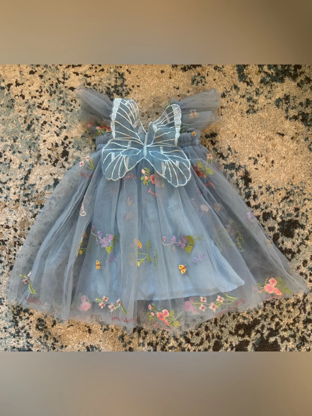 Girls Blue Floral Embroidered Tulle Dress